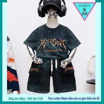 Đồ bộ bé trai cotton tay ngắn ( Vải wash ) in chữ dập nổi phong cách cá tính siêu ngầu cho bé diện đi chơi , du lịch