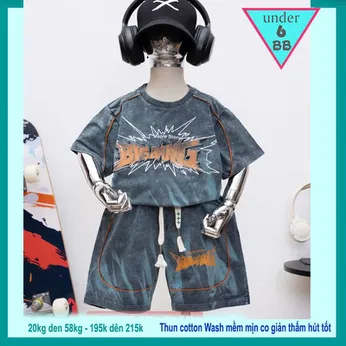 Đồ bộ bé trai cotton tay ngắn ( Vải wash ) in chữ dập nổi phong cách cá tính siêu ngầu cho bé diện đi chơi , du lịch