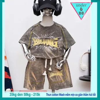 Đồ bộ bé trai cotton tay ngắn ( Vải wash ) in chữ dập nổi phong cách cá tính siêu ngầu cho bé diện đi chơi , du lịch