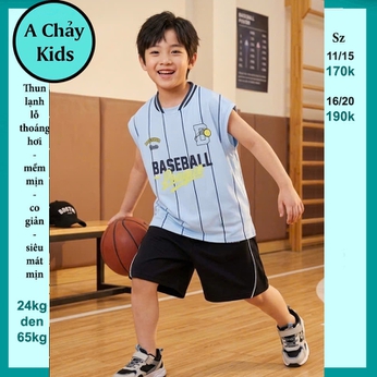 Đồ bộ bé trai thun lạnh sát nách in chữ BASEBALL phong cách thể thao cho bé đi chơi , đi học