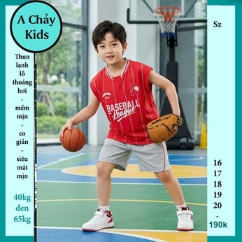 Đồ bộ bé trai thun lạnh sát nách in chữ BASEBALL phong cách thể thao cho bé đi chơi , đi học