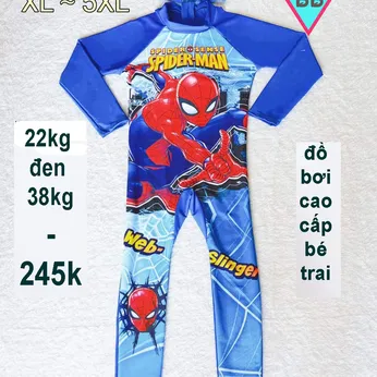 Đồ bơi bé trai tay dài liền thân in 3D hình siêu nhân người nhện - Spiderman cho bé đi bơi, đi biển ( kèm nón )
