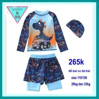 Đồ bơi bé trai tay dài ( có kèm nón bơi ) in 3D hình Khủng Long siêu dễ thương cho bé đi bơi 