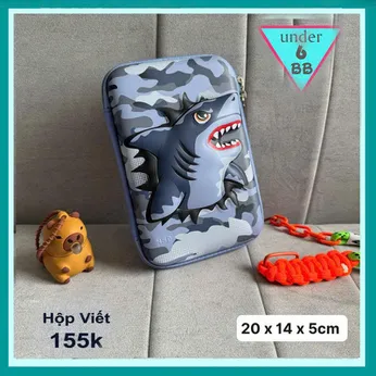 Hộp bút đi học in 3D nổi hình Cá Mập cho bé đi học