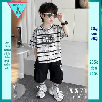 Quần áo bé trai  ( Áo thun cotton + Quần kaki ) in sọc phong cách cá tính cho bé đi chơi , đi học