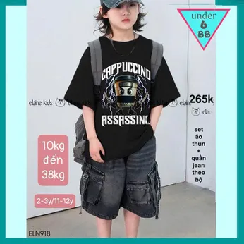 Set bộ jean bé trai ( áo vải cotton cao cấp - quần jean không giãn ) in hình Capuchino Assassino siêu hottrend cho bé diện đi chơi , du lịch
