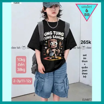 Set bộ jean bé trai ( áo vải cotton cao cấp - quần jean không giãn ) in hình Tung Tung Tung Sahur siêu hottrend cho bé diện đi chơi , du lịch
