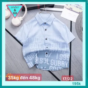 Áo sơ mi bé trai tay ngắn in chữ loang - Xanh nhạt mã 002