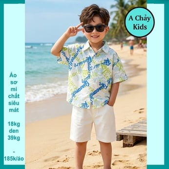 Áo sơ mi bé trai tay ngắn in chữ phong cách mùa hè cho bé diện đi biển 