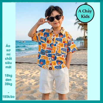Áo sơ mi bé trai tay ngắn in hình dễ thương phong cách mùa hè cho bé diện đi chơi , đi biển