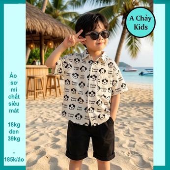 Áo sơ mi bé trai tay ngắn in hình dễ thương phong cách mùa hè cho bé diện đi chơi , đi biển