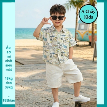 Áo sơ mi bé trai tay ngắn in hoạt hình phong cách mùa hè cho bé diện đi biển 