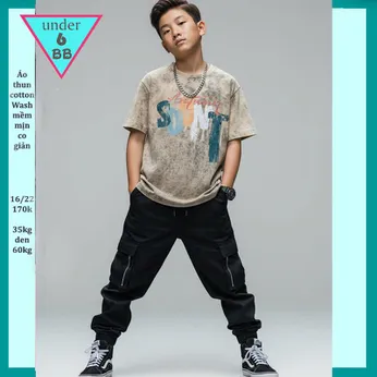 Áo thun bé trai cá tính ( vải wash ) in chữ phối màu loang mang phong cách cực ngầu cho bé đi chơi , đi du lịch