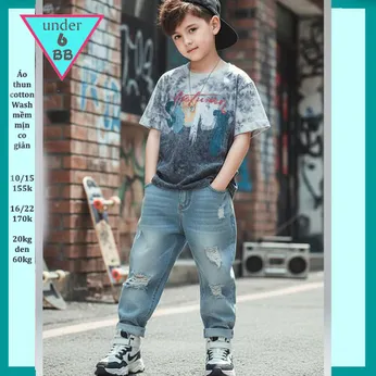 Áo thun bé trai cá tính ( vải wash ) in chữ phối màu loang mang phong cách cực ngầu cho bé đi chơi , đi du lịch