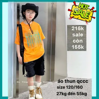 Áo thun bé trai cao cấp in chữ - cam 008