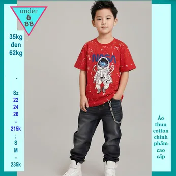 Áo thun bé trai cotton in họa tiết hình Phi Hành Gia phối vệt sơn phong cách cá tính cho bé đi chơi , đi học