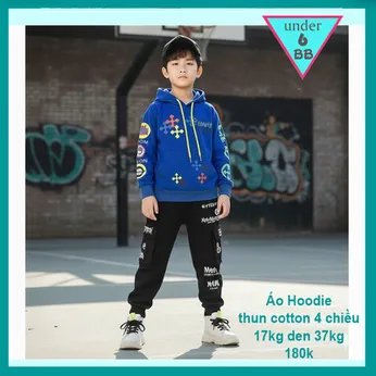 Áo thun bé trai tay dài có nón in chữ - xanh dương 010