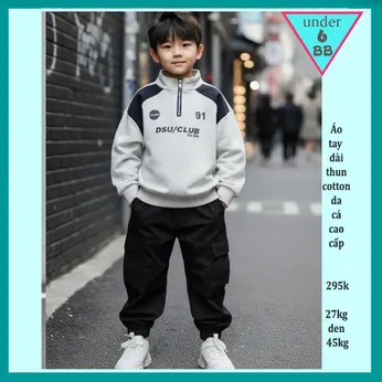 Áo thun tay dài bé trai cao cấp in chữ cá tính - Xám 012 