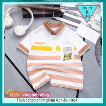 Áo thun có cổ cho bé trai in sọc phong cách thời trang cá tính cho bé diện đi chơi , du lịch