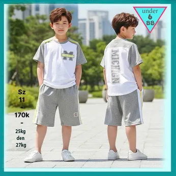 Đồ bộ bé trai cotton in chữ M phối tay lắp lăn phong cách đơn giản cho bé đi chơi , đi học