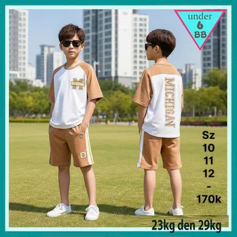 Đồ bộ bé trai cotton in chữ M phối tay lắp lăn phong cách đơn giản cho bé đi chơi , đi học