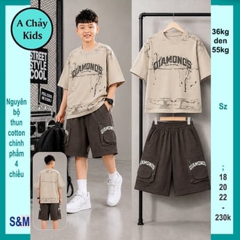 Đồ bộ bé trai cotton tay ngắn in DIAMONDS phối vệt sơn phong cách hiphop cá tính cho bé diện phố