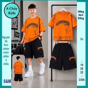 Đồ bộ bé trai cotton tay ngắn in DIAMONDS phối vệt sơn phong cách hiphop cá tính cho bé diện phố