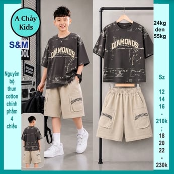 Đồ bộ bé trai cotton tay ngắn in DIAMONDS phối vệt sơn phong cách hiphop cá tính cho bé diện phố