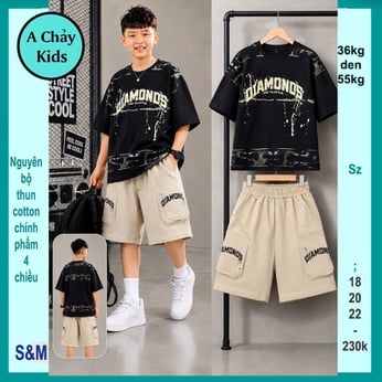 Đồ bộ bé trai cotton tay ngắn in DIAMONDS phối vệt sơn phong cách hiphop cá tính cho bé diện phố