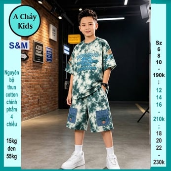 Đồ bộ bé trai cotton tay ngắn in chữ BOT XAMS phối màu loang cá tính cho bé đi chơi , du lịch