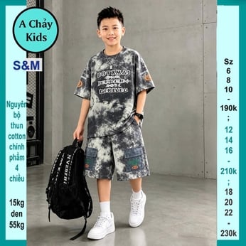 Đồ bộ bé trai cotton tay ngắn in chữ BOT XAMS phối màu loang cá tính cho bé đi chơi , du lịch