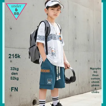 Đồ bộ bé trai cotton tay ngắn in chữ phong cách siêu ngầu phối quần túi hộp cho bé diện đi chơi , du lịch