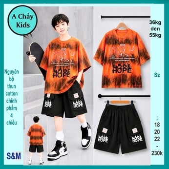 Đồ bộ bé trai cotton tay ngắn in HOPE phong cách hiphop cá tính cho bé diện phố