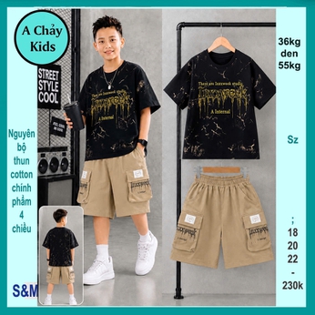 Đồ bộ bé trai cotton tay ngắn in chữ nổi phong cách hiphop cá tính cho bé diện phố