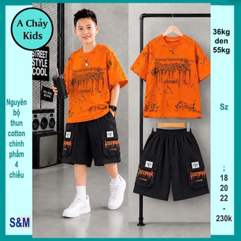 Đồ bộ bé trai cotton tay ngắn in chữ nổi phong cách hiphop cá tính cho bé diện phố
