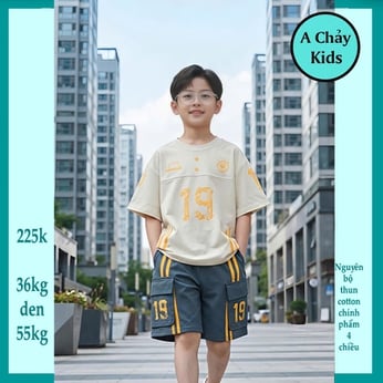 Đồ bộ bé trai cotton tay ngắn in số 19 phong cách thể thao cá tính cho bé đi chơi , đi học