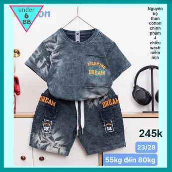 Đồ bộ bé trai cotton tay ngắn ( vải wash ) in chữ Dream phong cách cá tính siêu ngầu cho bé diện đi chơi , đi học 