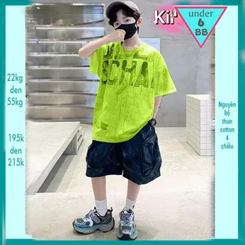 Đồ bộ bé trai hiphop in chữ cá tính - xanh lá 011
