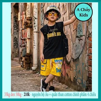 Đồ bộ bé trai sát nách cotton in chữ phong cách hiphop cực ngầu cho bé diện đi chơi , đi học