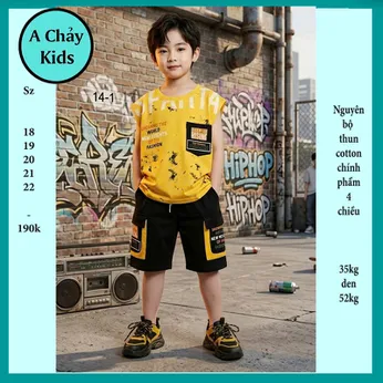 Đồ bộ bé trai sát nách cotton in chữ phối túi phong cách cá tính cho bé đi chơi,đi học