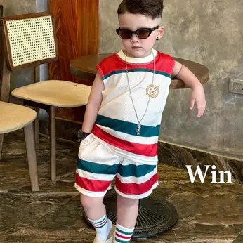 Đồ bộ bé trai sát nách cotton ( vải lưới ) thêu chữ phong cách cá tính cho bé diện đi chơi đi , đi học