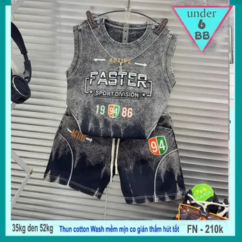 Đồ bộ bé trai sát nách cotton ( Vải wash ) in chữ nổi FASTER phong cách sang xịn cho bé đi chơi , đi du lịch