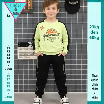 Đồ bộ bé trai tay dài in chữ BASKERBALL phối màu cá tính cho bé đi chơi  , du lịch
