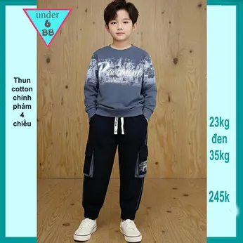 Đồ bộ bé trai tay dài cá tính in chữ phối quần túi hộp cực sang cho bé diện đi chơi , du lịch