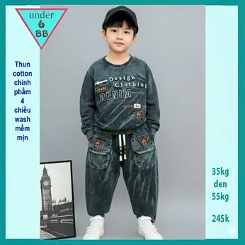 Đồ bộ bé trai tay dài cá tính  ( Vải wash ) in chữ nổi phong cách cực ngầu cho bé diện đi chơi , du lịch