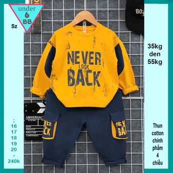 Đồ bộ bé trai tay dài in chữ Never Look Back phối quần túi hộp phong cách cá tính dành cho bé đi chơi , du lịch