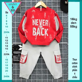 Đồ bộ bé trai tay dài in chữ Never Look Back phối quần túi hộp phong cách cá tính dành cho bé đi chơi , du lịch