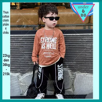 Đồ bộ bé trai tay dài in chữ STRONG AS HELL phối loang phong cách cá tính cho bé diện đi chơi , du lịch