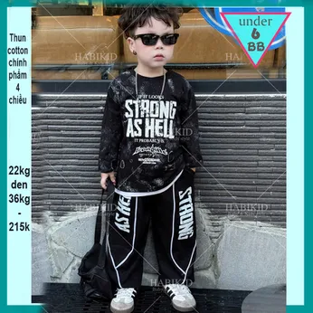 Đồ bộ bé trai tay dài in chữ STRONG AS HELL phối loang phong cách cá tính cho bé diện đi chơi , du lịch