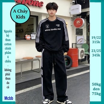 Đồ bộ bé trai tay dài in chữ ELMO LOVE phối sọc tay áo phong cách cá tính tuổi teen